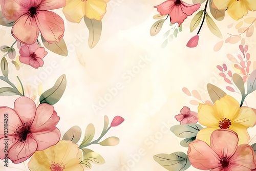 Watercolor floral frame background pastel colors, simple design, flat illustration, white space in the center of the picture,