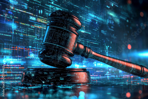 Stylized digital rendering of a judge's gavel in a vibrant, futuristic circuitry landscape with neon lighting photo