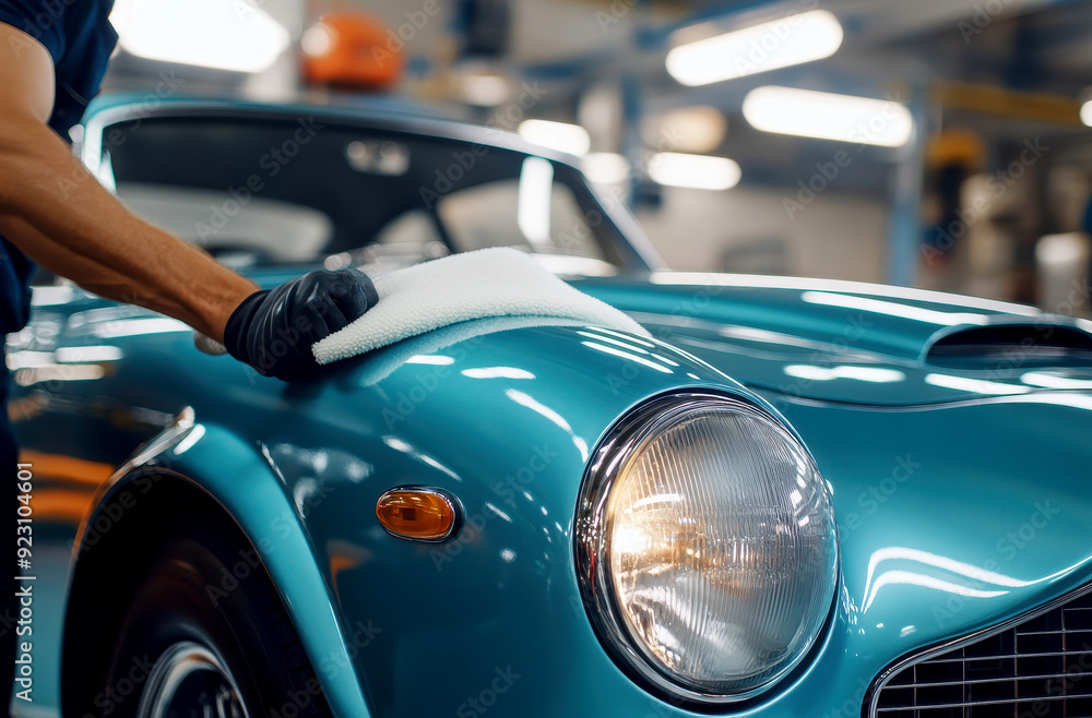 a man with gloves is polishing the car with a microfiber cloth. Car detailing, wiping or cleaning concepts a man with gloves is polishing the car with a microfiber cloth. Car detailing, wiping or cleaning concepts