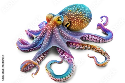 Colorful octopus, squid engraved Underwater ocean animal, marine seafood illustration on white background, 3d rendering