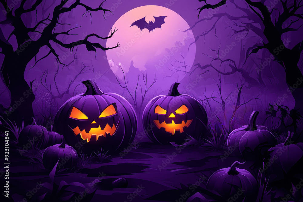 Fototapeta premium scary halloween Pumpkin Out Of A Graveyard cemetery dark Night full moon bats on tree. Holiday event halloween banner background concept.