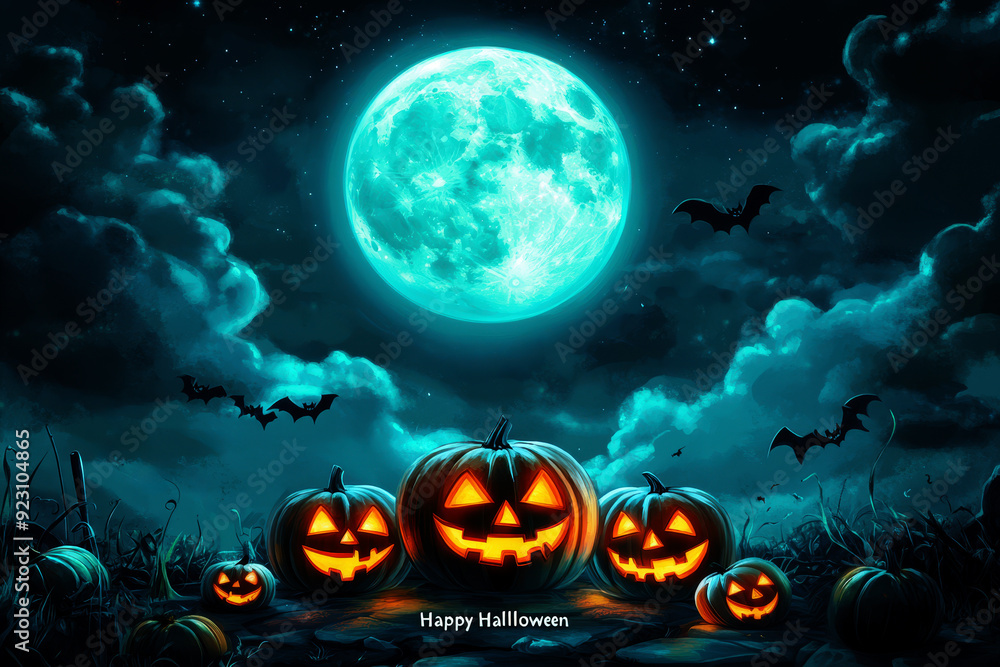 Fototapeta premium scary halloween Pumpkin Out Of A Graveyard cemetery dark Night full moon bats on tree. Holiday event halloween banner background concept.