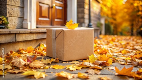 A brown cardboard box with a shipping label is left on a doorstep, surrounded by autumn leaves, with a subtle blur effect for a sense of motion.
