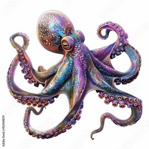 Colorful octopus, squid engraved Underwater ocean animal, marine seafood illustration on white background, 3d rendering photo