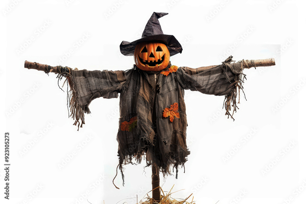 Fototapeta premium Halloween scarecrow. Eerie creepy scarecrow in a hat standing on isolated white background.