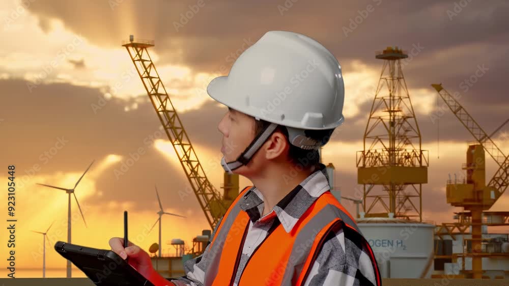 Close Up Side View Of Asian Male Engineer With Safety Helmet Taking Note On The Tablet And Looking Around While Standing With Offshore Hydrogen Production Close Up Side View Of Asian Male Engineer With Safety Helmet Taking Note On The Tablet And Looking Around While Standing With Offshore Hydrogen Production