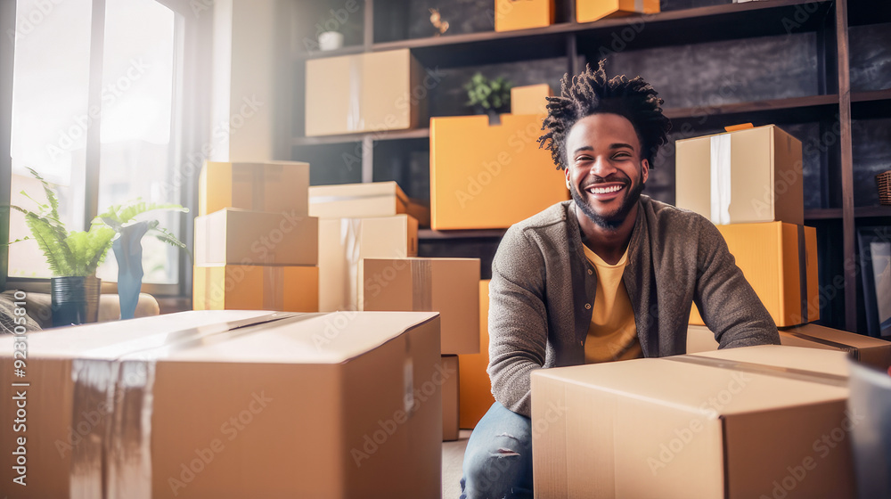 African American Black Man alone in new empty apartment with cardboard boxes, moving. African American Black Man alone in new empty apartment with cardboard boxes, moving.