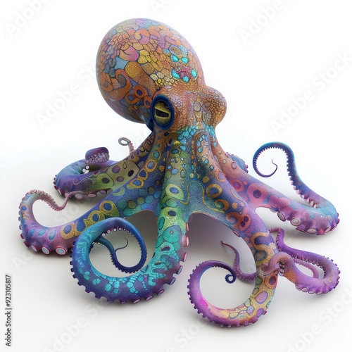 Colorful octopus, squid engraved Underwater ocean animal, marine seafood illustration on white background, 3d rendering photo