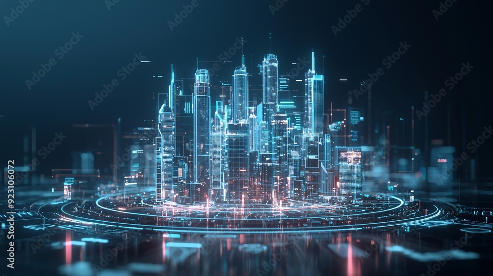 Fototapeta premium Futuristic cityscape, AI governance, digital control, holographic interfaces