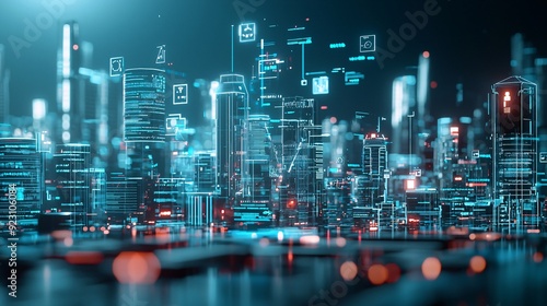 Futuristic cityscape, AI governance, digital control, holographic interfaces