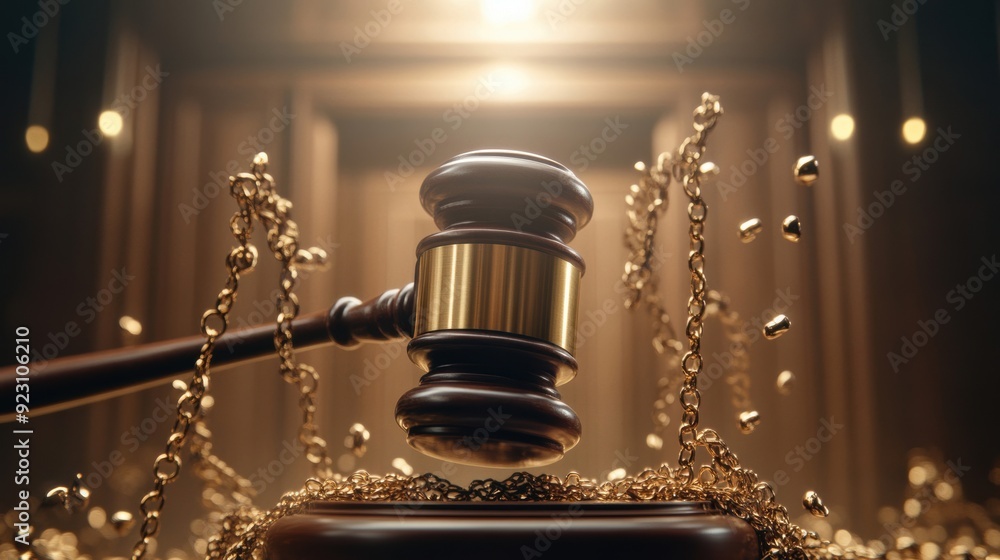 A courtroom scene captures a gavel in mid-air, breaking chains, symbolizing the power of justice, judgment, and reform in society. A courtroom scene captures a gavel in mid-air, breaking chains, symbolizing the power of justice, judgment, and reform in society.