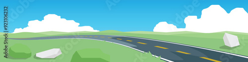 Curvy road on the hill. Asphalt road leading to the destination ahead. Rolling hills and green fields. Vector or Illustration transport and nature background for banner.