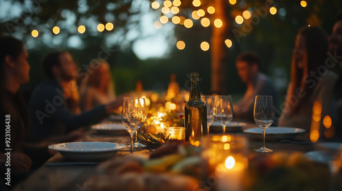 Friends enjoying outdoor Christmas dinner party at night, table decorated with candles and string lights, festive gathering atmosphere