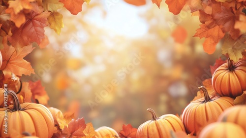 Pumpkins and autumn leaves picture border frame element with blank copy space for halloween or thanksgiving promotion, advertising or social media posts . Generative AI. photo