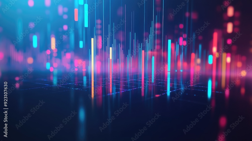 Abstract 3D candlestick chart with luminous features on a blue background. Represents trading and financial market trends. Great for finance-related graphics and reports. Abstract 3D candlestick chart with luminous features on a blue background. Represents trading and financial market trends. Great for finance-related graphics and reports.