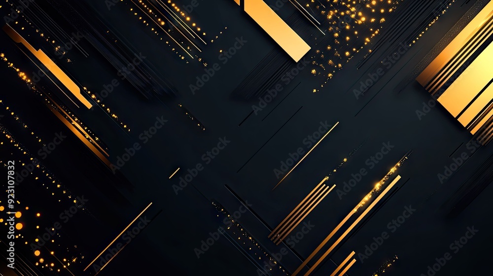 Abstract background showcasing gold directional arrows and geometric elements on a dark black space, perfect for a futuristic and elegant design approach. Abstract background showcasing gold directional arrows and geometric elements on a dark black space, perfect for a futuristic and elegant design approach.