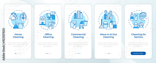 Professional cleaning blue onboarding mobile app screen. Walkthrough 5 steps editable graphic instructions with linear concepts. UI, UX, GUI template. Montserrat SemiBold, Regular fonts used