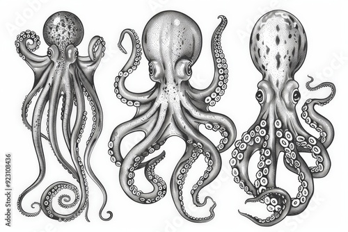 Hand drawn vintage octopus outline, squid engraved ocean animal, Squid octopus animal, marine seafood vector illustration on white background photo