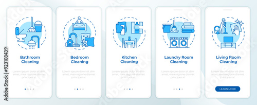 House cleaning services blue onboarding mobile app screen. Walkthrough 5 steps editable graphic instructions with linear concepts. UI, UX, GUI template. Montserrat SemiBold, Regular fonts used