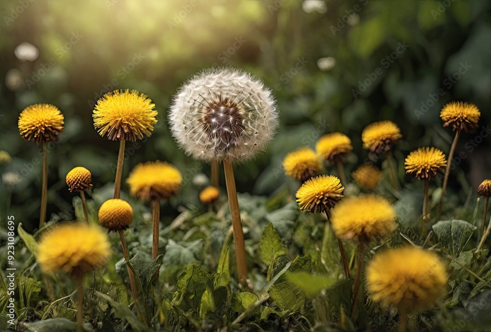 Close up of blooming yellow dandelion flowers in garden on spring time. Detail of bright common dandelions in meadow at springtime. Used as a medical herb and food ingredient. Close up of blooming yellow dandelion flowers in garden on spring time. Detail of bright common dandelions in meadow at springtime. Used as a medical herb and food ingredient.