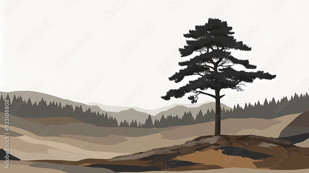 A single pine tree stands tall on a hill overlooking a forest with rolling hills in the background. A single pine tree stands tall on a hill overlooking a forest with rolling hills in the background.