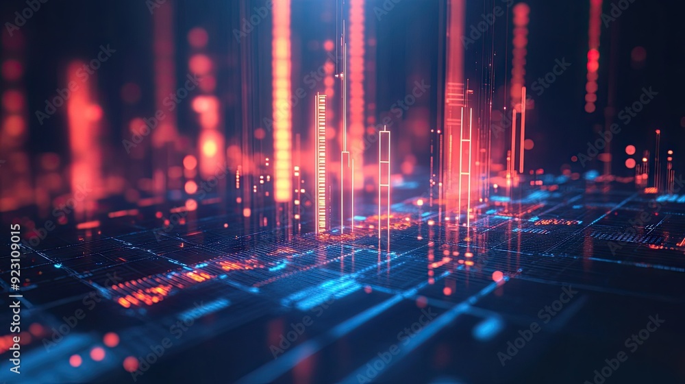 Abstract glowing candlestick chart rendered in 3D on a blue background. Highlights finance and market trends with a modern aesthetic. Ideal for financial reports and data analysis. Abstract glowing candlestick chart rendered in 3D on a blue background. Highlights finance and market trends with a modern aesthetic. Ideal for financial reports and data analysis.