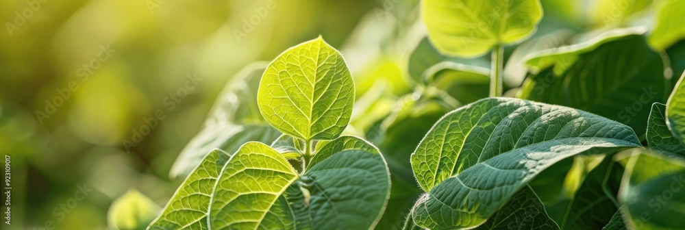 Close-up of soybean leaves in research fields for genetic modification or agriculture, featuring selective focus. Close-up of soybean leaves in research fields for genetic modification or agriculture, featuring selective focus.