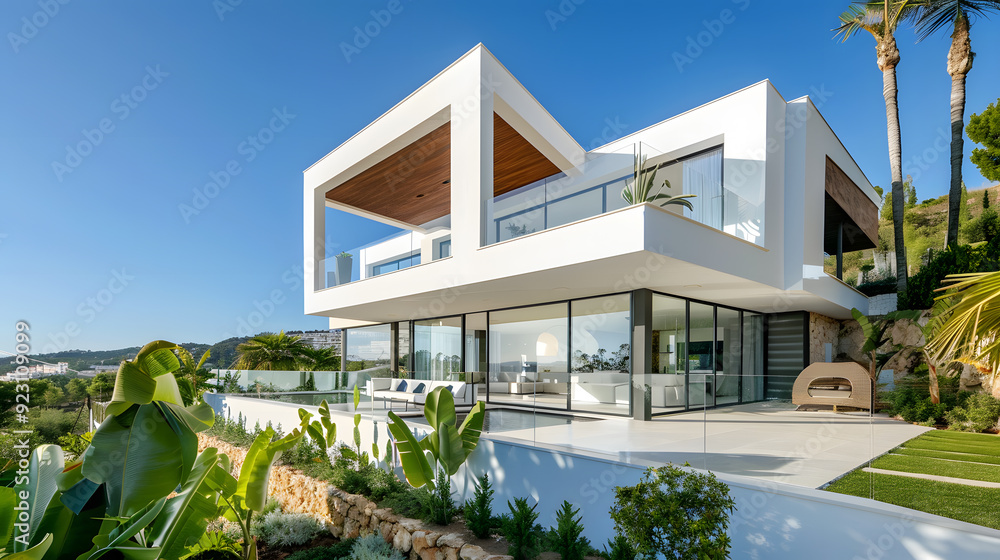 Fototapeta premium Beautiful modern house with large windows. Minimalist architecture with clean lines and a contemporary design