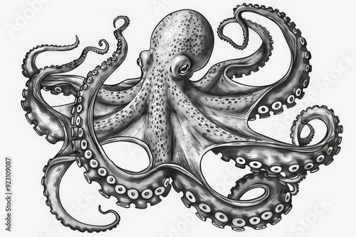 Hand drawn vintage octopus line art, squid engraved ocean animal, Squid octopus animal, marine seafood vector illustration on white background photo