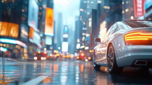 A city street with people and vehicles in vibrant motion blur, capturing urban energy and colorful lights.