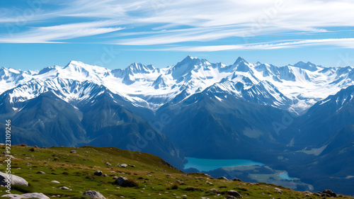 mountain peak covered with snow Alpine meadows, mountain ranges, crystal clear lakes wilderness area The beauty of nature, mountain climbers