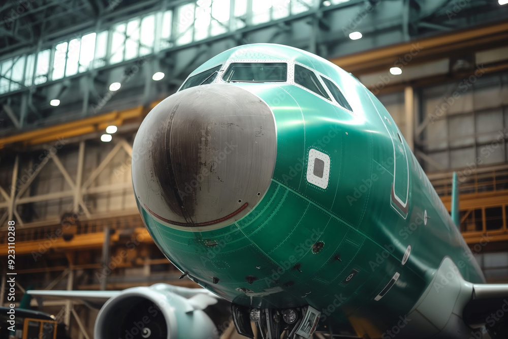 Obraz premium Green Aircraft Nose in Large Warehouse Hangar with Industrial Background