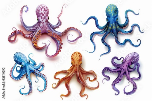 Set of Colorful octopus, squid engraved Underwater ocean animal, marine seafood vector illustration on white background photo