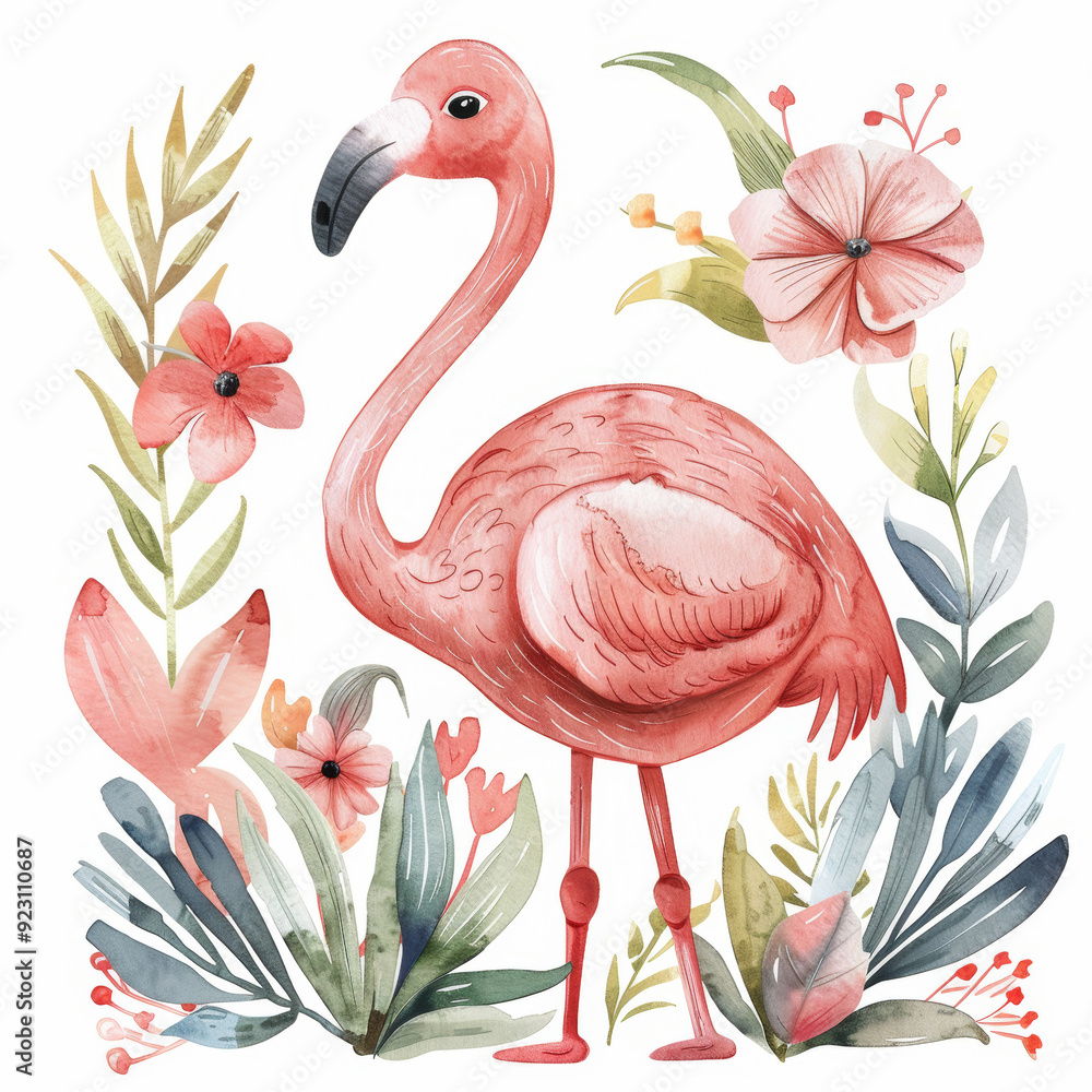 Naklejka premium Watercolor Flamingo Surrounded by Tropical Flowers and Foliage