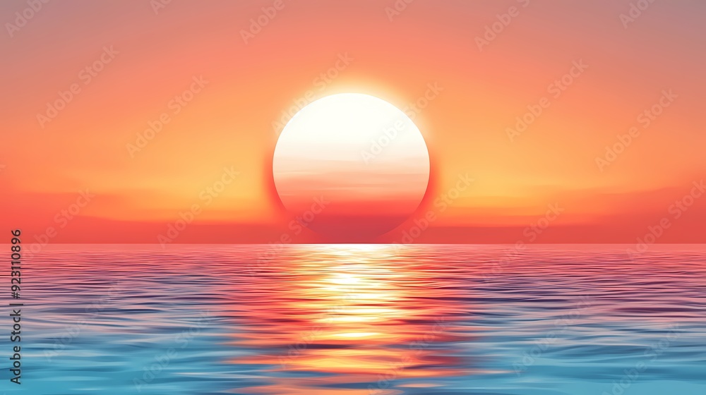 A large orange sun sets over a calm ocean with a beautiful reflection on the water. A large orange sun sets over a calm ocean with a beautiful reflection on the water.