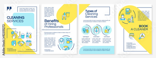 Residential cleaning services blue and yellow brochure template. Leaflet design with linear icons. Editable 4 vector layouts for presentation, annual reports. Questrial, Lato-Regular fonts used
