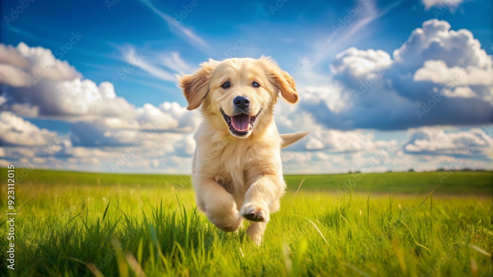 A joyful golden retriever puppy runs freely in a lush green meadow, tail wagging enthusiastically, surrounded by fluffy white clouds on a sunny day. A joyful golden retriever puppy runs freely in a lush green meadow, tail wagging enthusiastically, surrounded by fluffy white clouds on a sunny day.