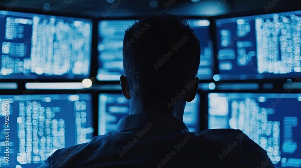 Silhouette of a Man Sitting in Front of Multiple Computer Monitors with Blue Screens Silhouette of a Man Sitting in Front of Multiple Computer Monitors with Blue Screens