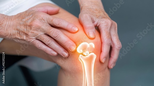 A close-up of an elderly person s hand gently massaging their knee, with an overlay of glowing bones, symbolizing the care and attention needed to maintain joint and bone health
