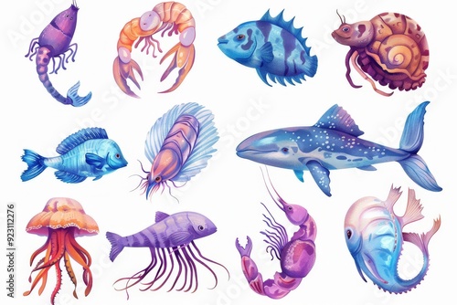 Set of Colorful Pastel Underwater Sea Animal, marine seafood vector illustration on white background photo