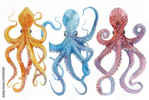 Set of Colorful watercolor octopus, squid engraved Underwater ocean animal, marine seafood vector illustration on white background photo