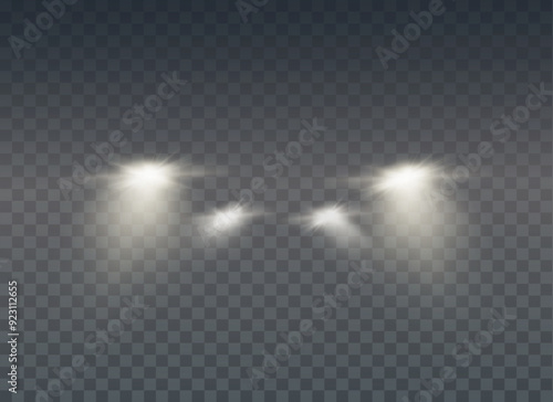 Realistic car headlights. Train moving effect, vector bright lights on transparent background png.	