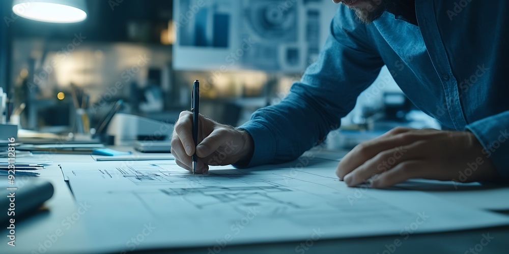 Obraz premium businessman working in office, Focused Architect Designing a Modern Building Blueprint in a Creative Studio, Merging Innovation with Precision. 