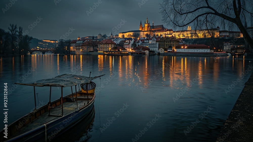 Fototapeta premium A lone boat moored near the illuminated cityscape of Prague at dusk