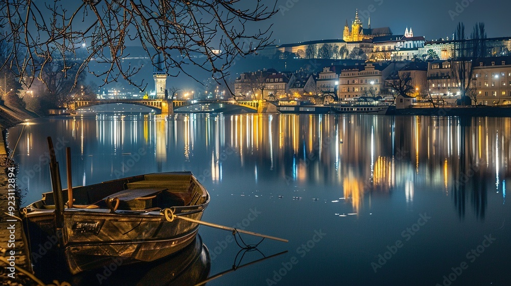 A lone boat on the Vltava River in Prague at night A lone boat on the Vltava River in Prague at night