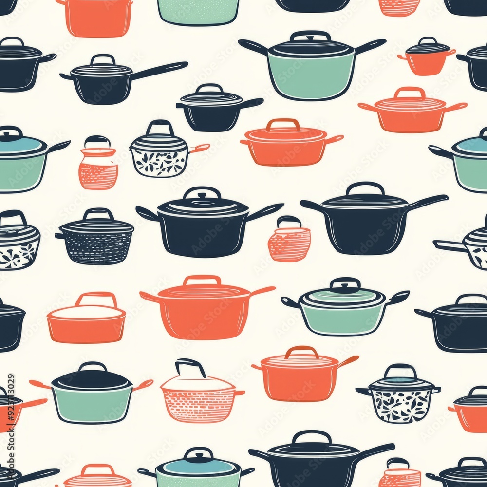 Seamless pattern of various cooking pots and pans Seamless pattern of various cooking pots and pans
