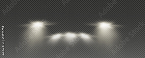 Realistic car headlights. Train moving effect, vector bright lights on transparent background png.	
