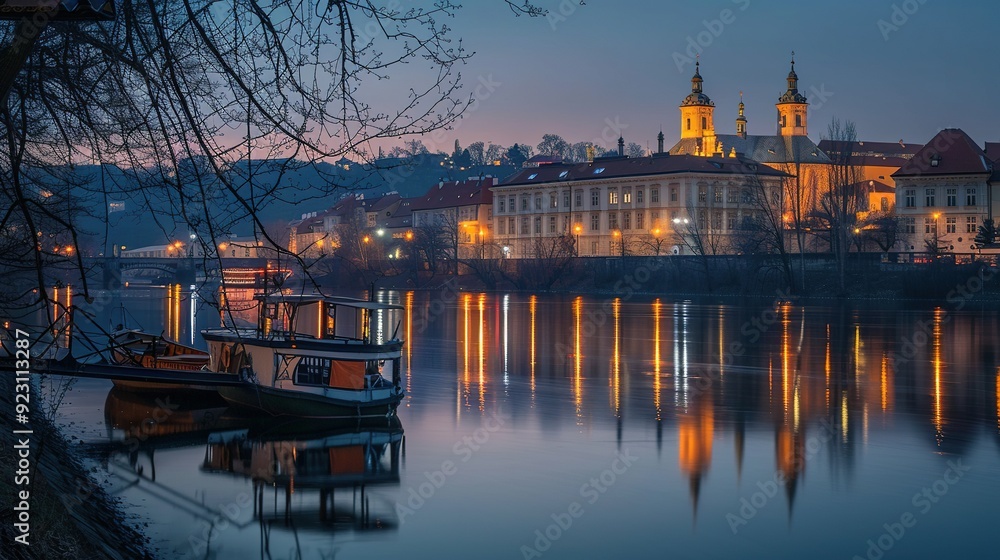 Fototapeta premium Boats Moored on a River at Dusk with Cityscape Reflections