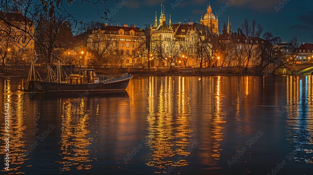 Fototapeta premium Nighttime View of a Boat on a River with City Lights Reflected in the Water