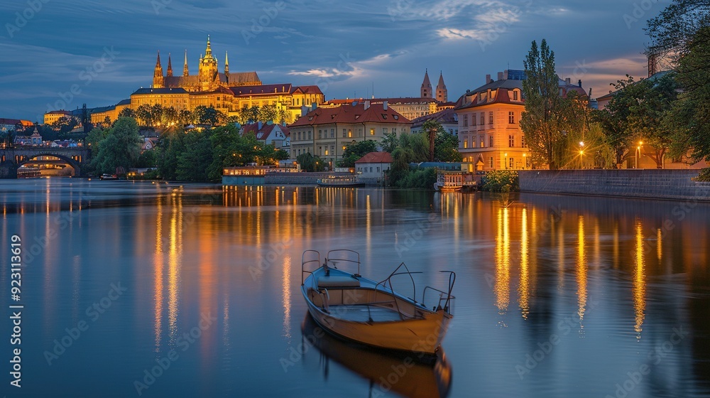 Fototapeta premium A Boat Moored on the Vltava River with Prague Castle in the Background at Sunset